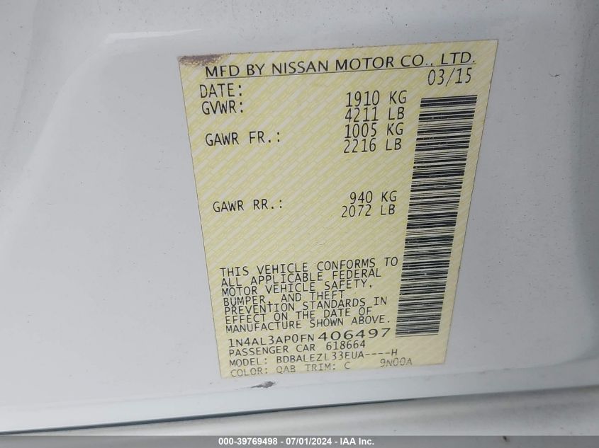 1N4AL3AP0FN406497 2015 Nissan Altima 2.5 S