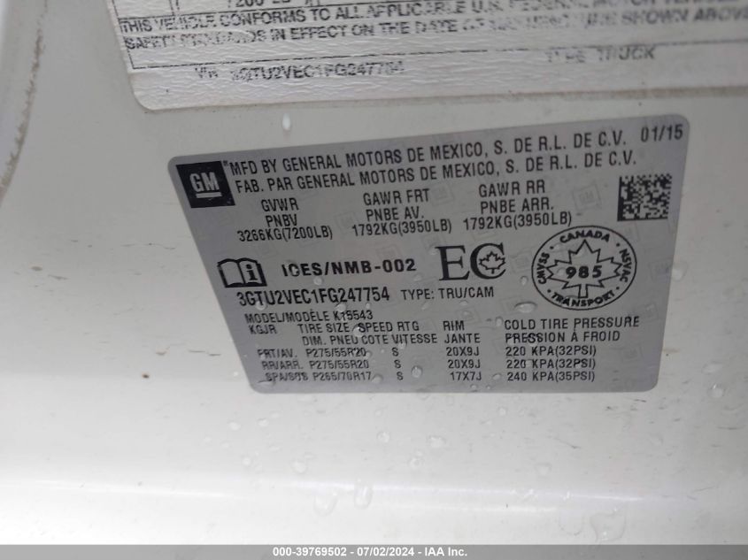2015 GMC Sierra 1500 Slt VIN: 3GTU2VEC1FG247754 Lot: 39769502