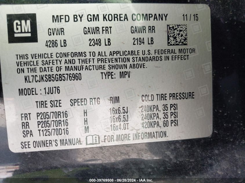 2016 Chevrolet Trax 1Ls VIN: KL7CJKSB5GB576960 Lot: 39769508
