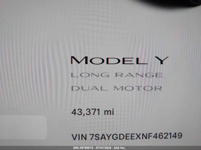 2022 Tesla Model Y Long Range Dual Motor All-Wheel Drive VIN: 7SAYGDEEXNF462149 Lot: 39769515