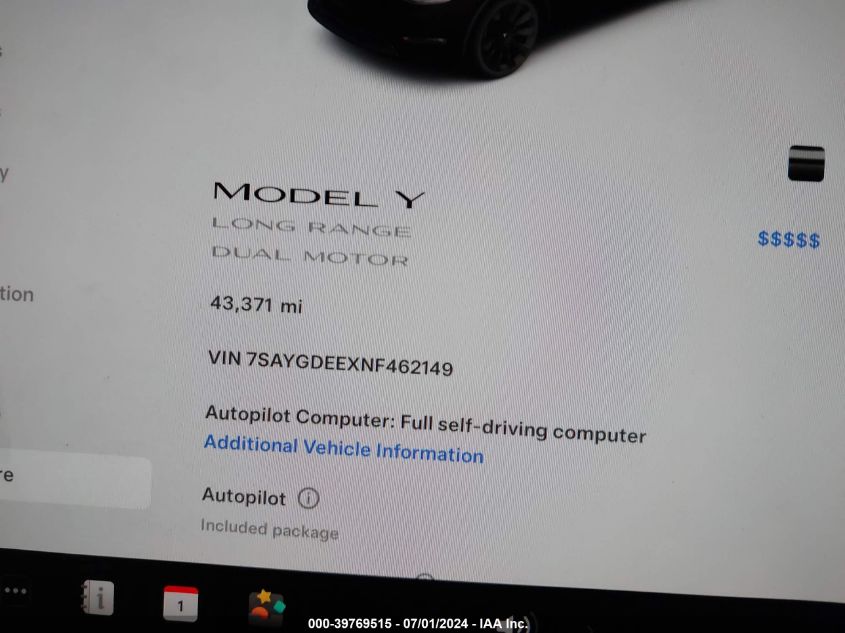 2022 Tesla Model Y Long Range Dual Motor All-Wheel Drive VIN: 7SAYGDEEXNF462149 Lot: 39769515