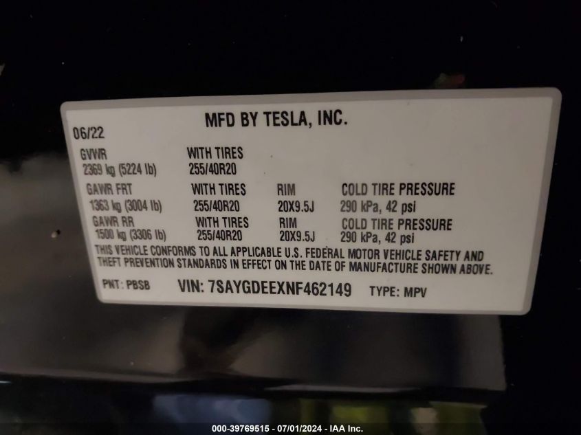 2022 Tesla Model Y Long Range Dual Motor All-Wheel Drive VIN: 7SAYGDEEXNF462149 Lot: 39769515