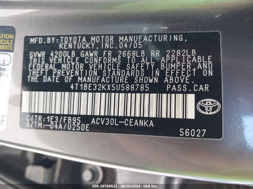 2005 Toyota Camry Le VIN: 4T1BE32KX5U588785 Lot: 39769522