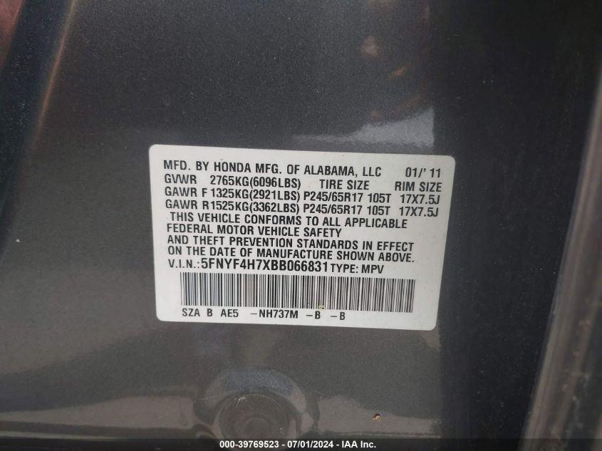 2011 Honda Pilot Ex-L VIN: 5FNYF4H7XBB066831 Lot: 39769523