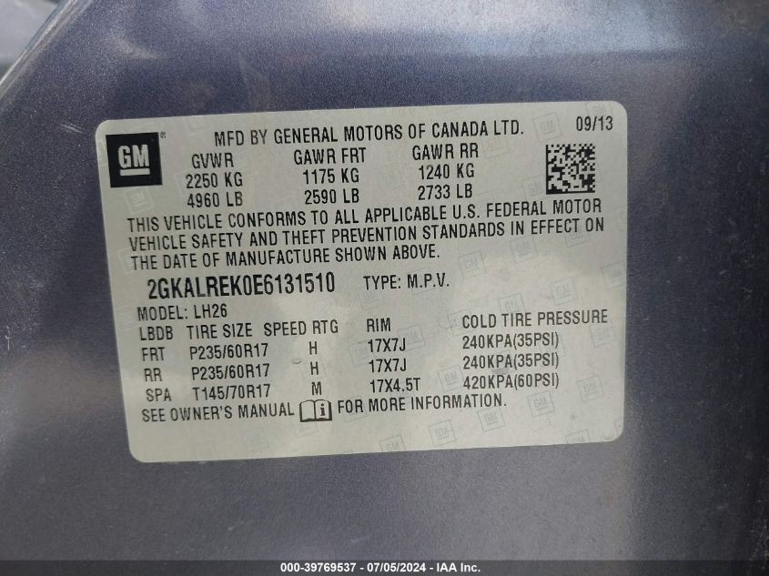 2014 GMC Terrain Sle-2 VIN: 2GKALREK0E6131510 Lot: 39769537