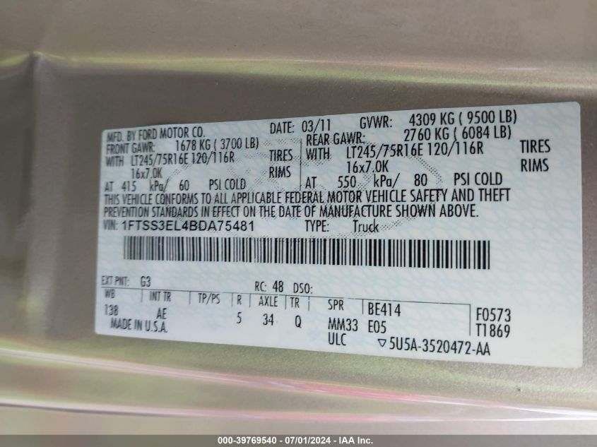 2011 Ford E-350 Super Duty Commercial VIN: 1FTSS3EL4BDA75481 Lot: 39769540