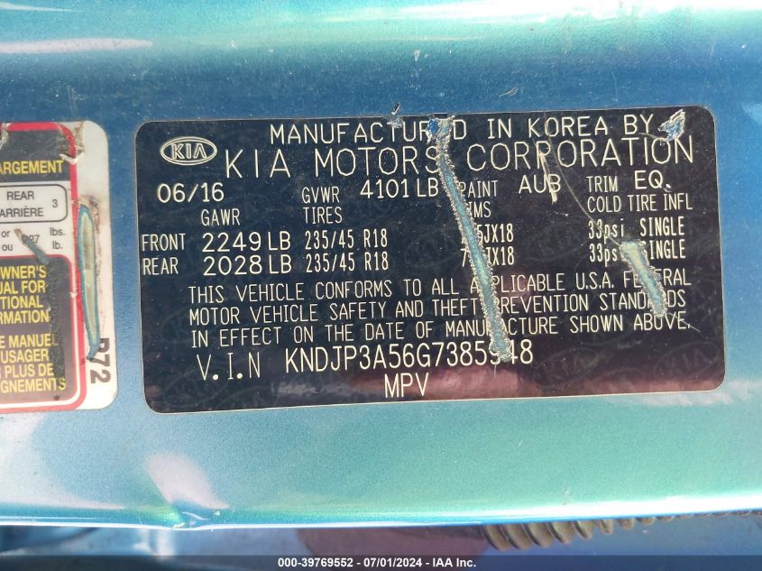 2016 Kia Soul + VIN: KNDJP3A56G7385948 Lot: 39769552