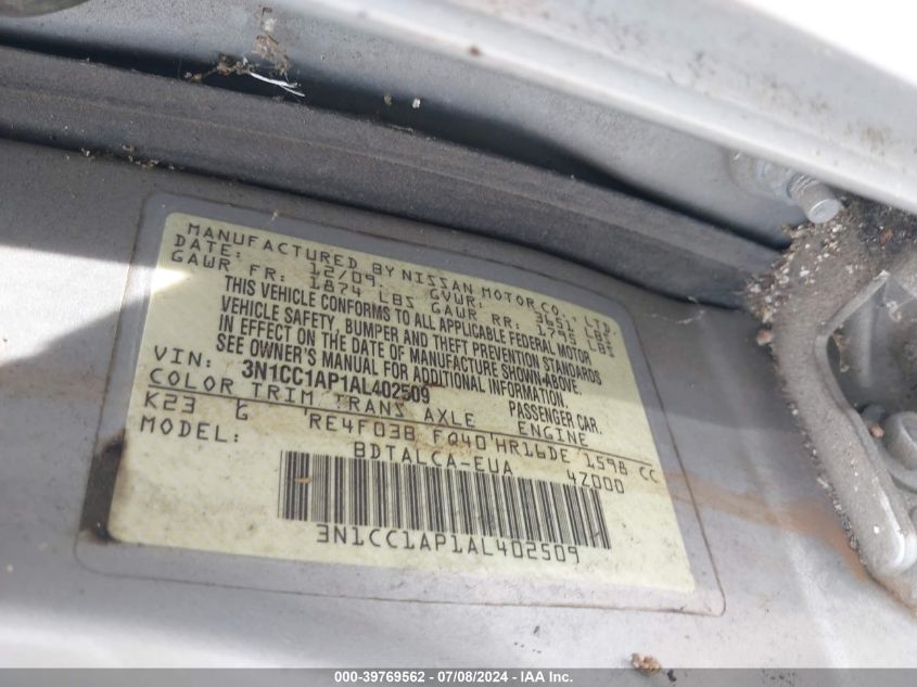 2010 Nissan Versa 1.6 VIN: 3N1CC1AP1AL402509 Lot: 39769562