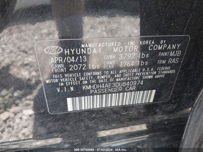 2013 Hyundai Elantra Gls/Limited VIN: KMHDH4AE3DU840974 Lot: 39769569