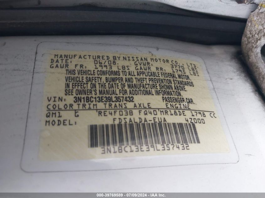 2009 Nissan Versa 1.8S VIN: 3N1BC13E39L357432 Lot: 39769589