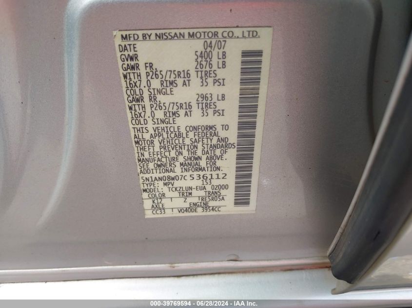 2007 Nissan Xterra Off Road VIN: 5N1AN08W07C536112 Lot: 39769594