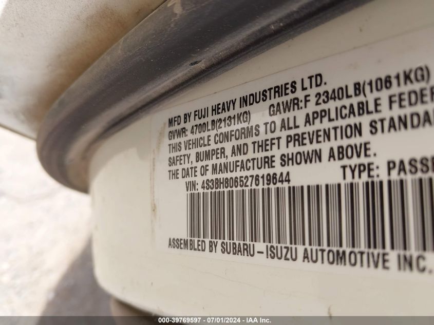 2002 Subaru Outback H6-3.0 L.l. Bean Edition VIN: 4S3BH806527619644 Lot: 39769597