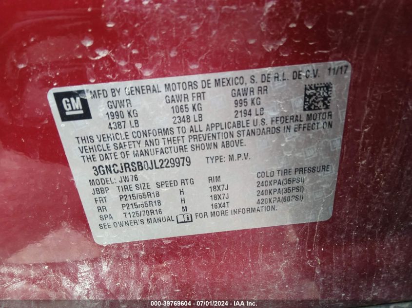 2018 Chevrolet Trax Premier VIN: 3GNCJRSB0JL2299 Lot: 39769604