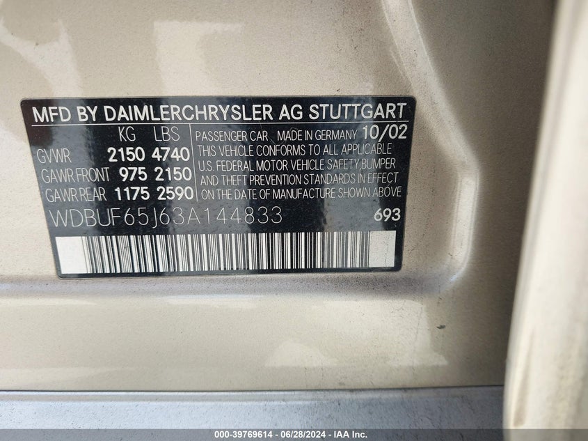 2003 Mercedes-Benz E 320 VIN: WDBUF65J63A144833 Lot: 39769614