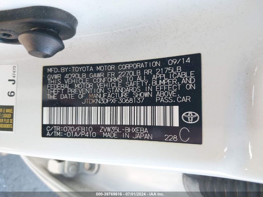 2015 Toyota Prius Plug-In VIN: JTDKN3DPXF3068137 Lot: 39769616