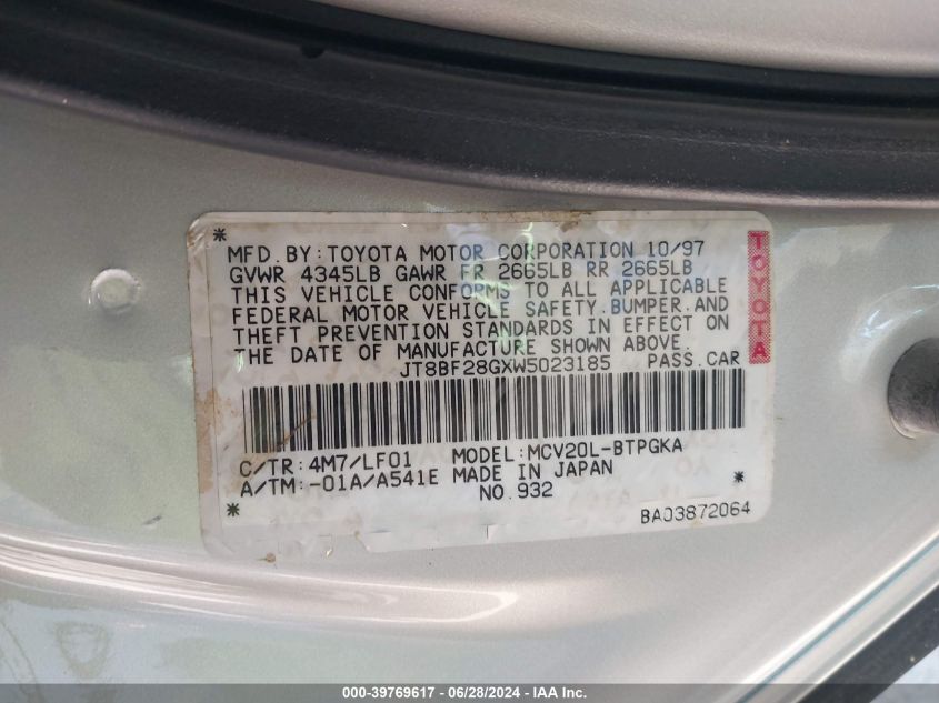 1998 Lexus Es 300 VIN: JT8BF28GXW5023185 Lot: 39769617