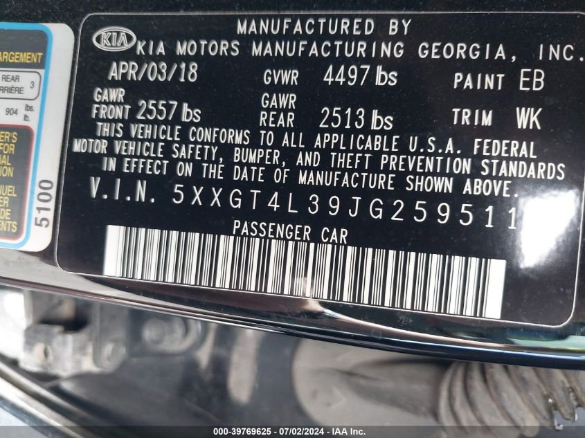 2018 Kia Optima Lx VIN: 5XXGT4L39JG259511 Lot: 39769625