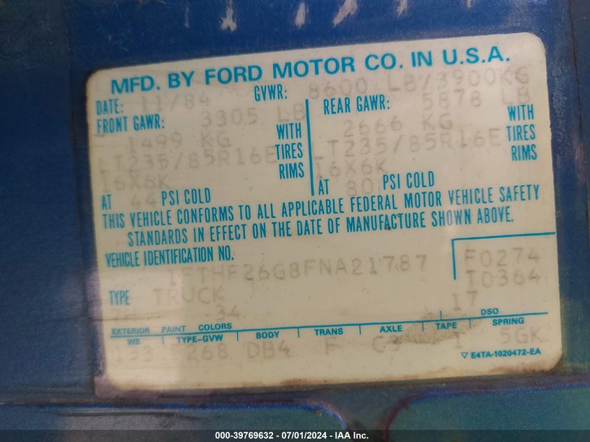 1985 Ford F250 VIN: 1FTHF26G8FNA21787 Lot: 39769632