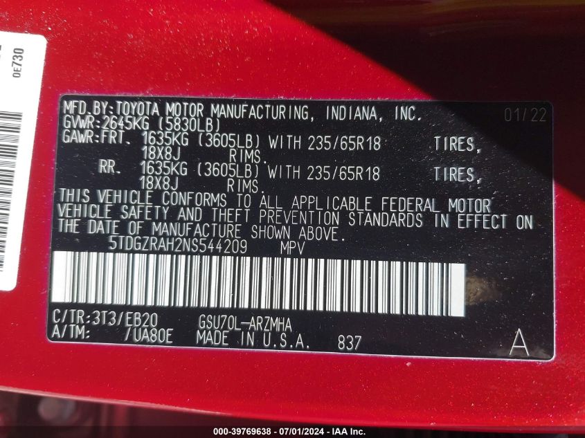 2022 Toyota Highlander Xle VIN: 5TDGZRAH2NS544209 Lot: 39769638