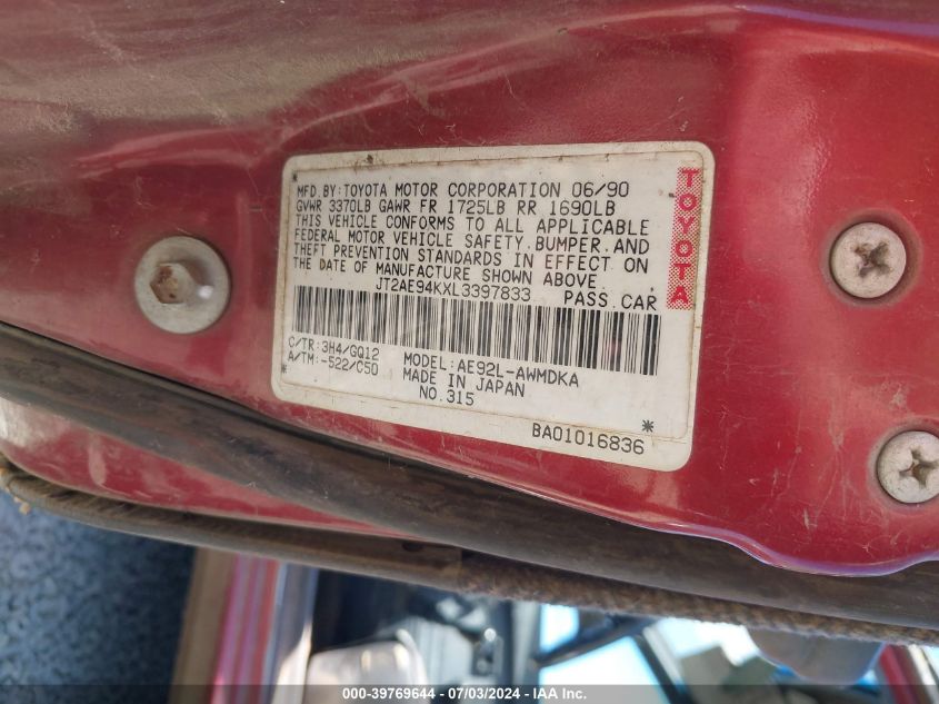 1990 Toyota Corolla Dlx VIN: JT2AE94KXL3397833 Lot: 39769644