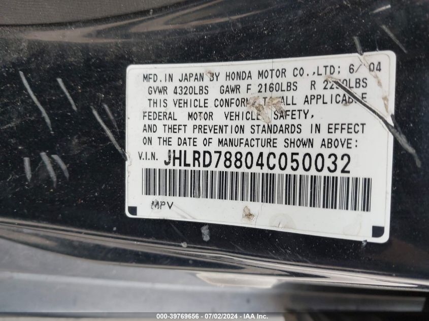 2004 Honda Cr-V Ex VIN: JHLRD78804C050032 Lot: 39769656