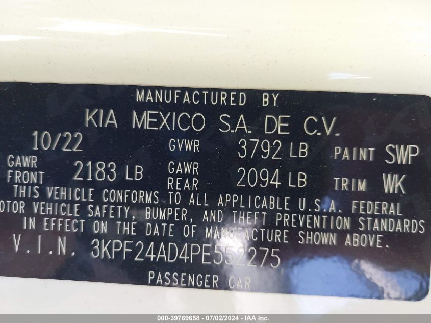 2023 Kia Forte Lxs VIN: 3KPF24AD4PE552275 Lot: 39769658