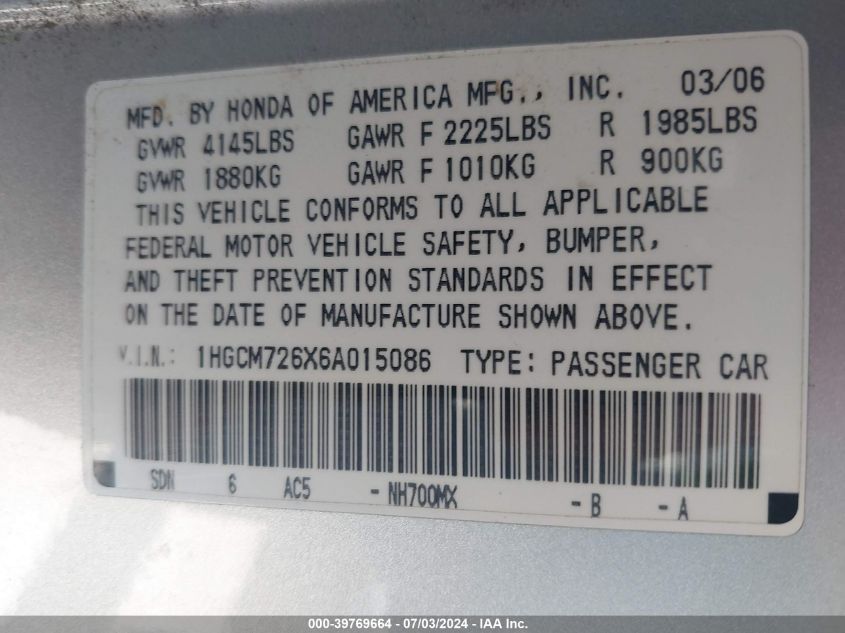 2006 Honda Accord 2.4 Ex VIN: 1HGCM726X6A015086 Lot: 39769664