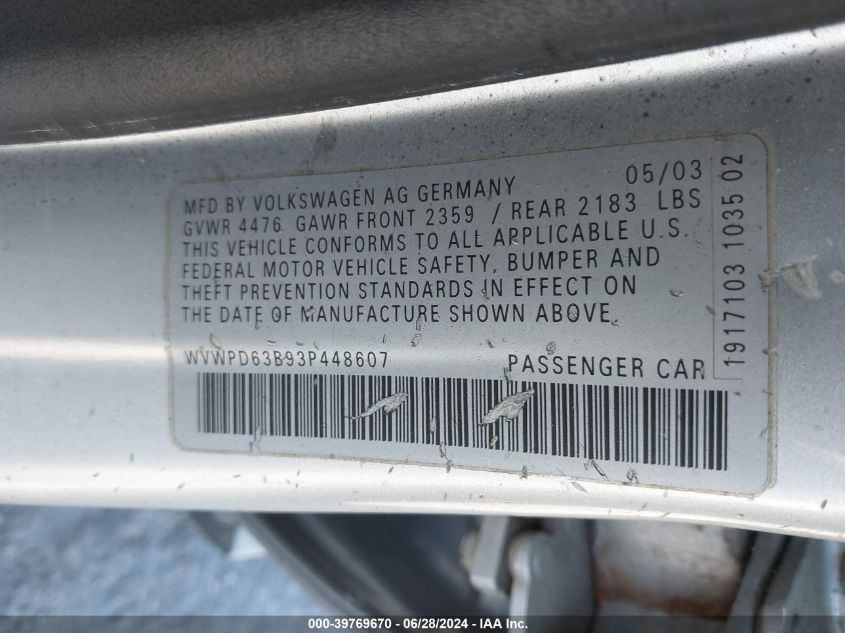 2003 Volkswagen Passat Gls VIN: WVWPD63B93P448607 Lot: 39769670