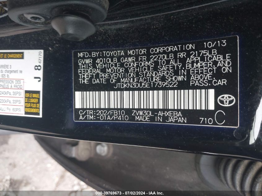 JTDKN3DU5E1739522 2014 Toyota Prius Two