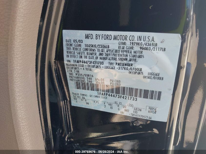 2003 Ford Mustang VIN: 1FAFP44473F421733 Lot: 39769676