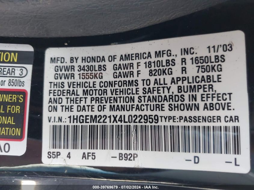 2004 Honda Civic Vp VIN: 1HGEM221X4L022959 Lot: 39769679