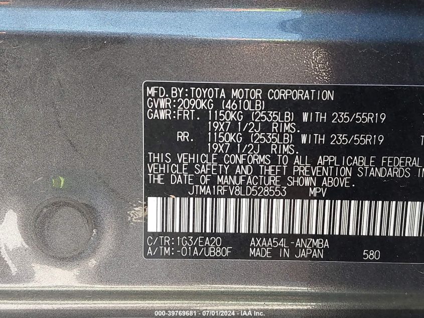2020 Toyota Rav4 Xle Premium VIN: JTMA1RFV8LD528553 Lot: 39769681