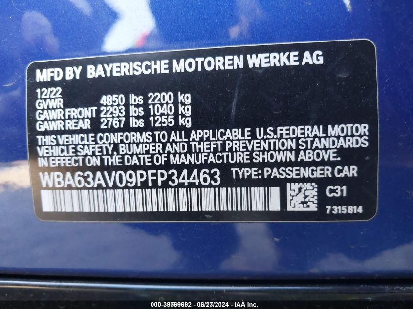 2023 BMW 430I Gran Coupe VIN: WBA63AV09PFP34463 Lot: 39769682