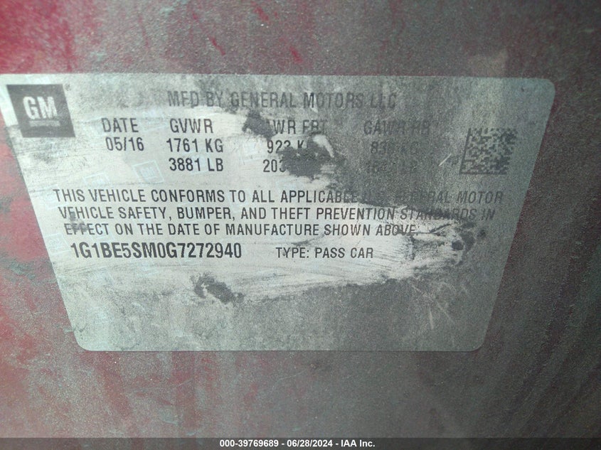 2016 CHEVROLET CRUZE LT AUTO - 1G1BE5SM0G7272940