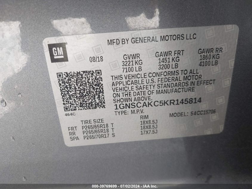 2019 Chevrolet Tahoe Ls VIN: 1GNSCAKC5KR145814 Lot: 39769699