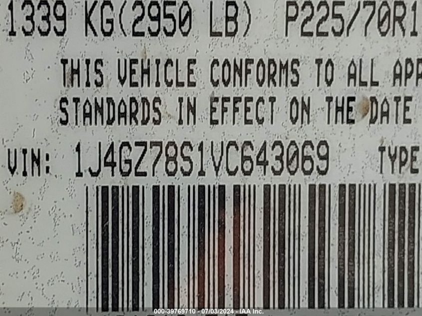 1997 Jeep Grand Cherokee Limited VIN: 1J4GZ78S1VC643069 Lot: 39769710