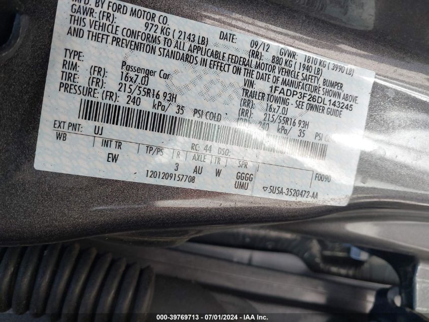 2013 Ford Focus Se VIN: 1FADP3F26DL143245 Lot: 39769713