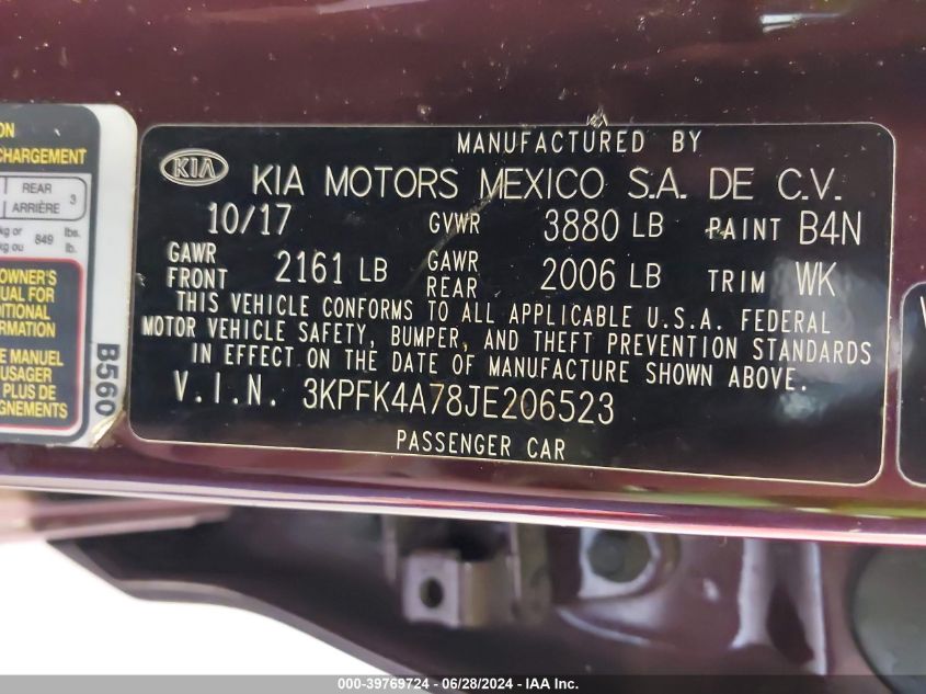 2018 Kia Forte Lx VIN: 3KPFK4A78JE206523 Lot: 39769724