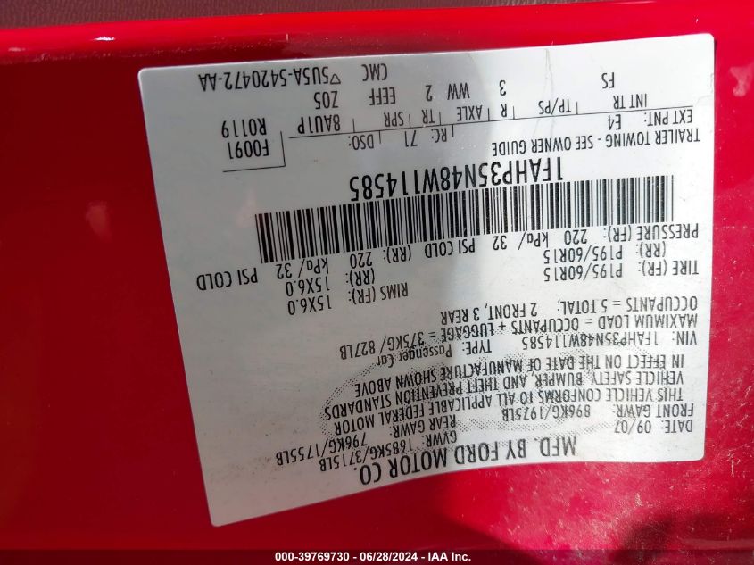 2008 Ford Focus Se/Ses VIN: 1FAHP35N48W114585 Lot: 39769730