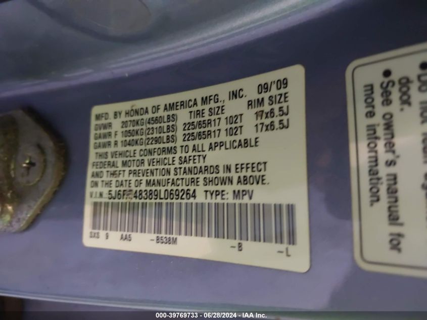 2009 Honda Cr-V Lx VIN: 5J6RE48389L069264 Lot: 39769733