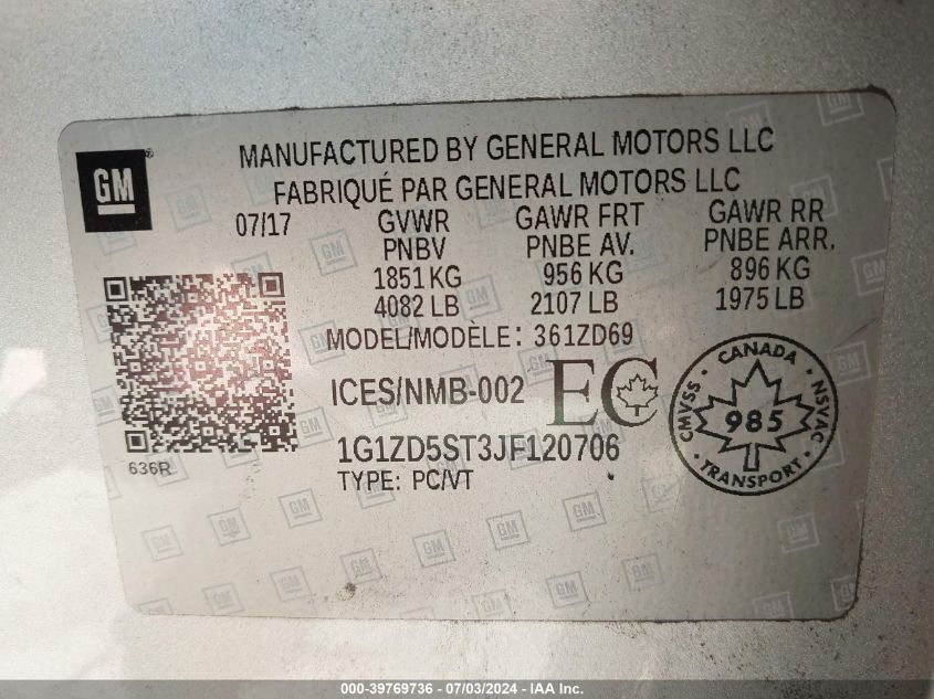 2018 Chevrolet Malibu Lt VIN: 1G1ZD5ST3JF120706 Lot: 39769736