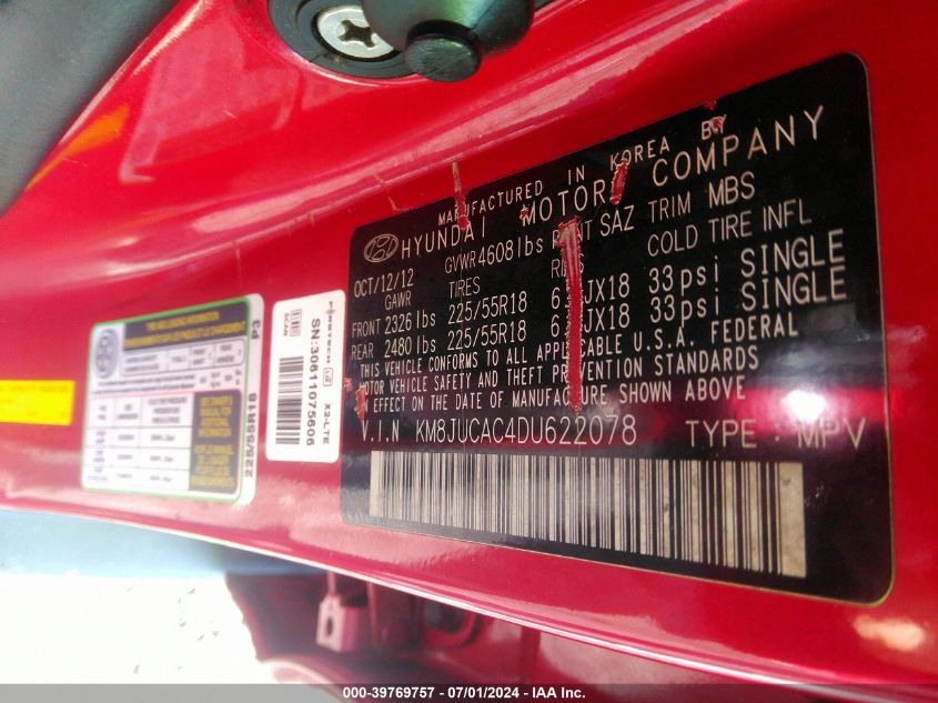 2013 Hyundai Tucson Limited VIN: KM8JUCAC4DU622078 Lot: 39769757