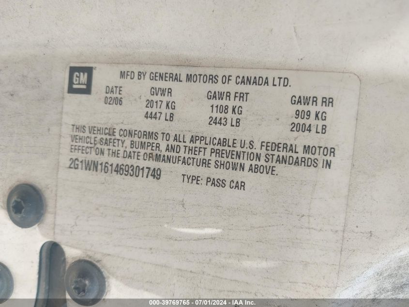 2006 Chevrolet Monte Carlo Ltz VIN: 2G1WN161469301749 Lot: 39769765