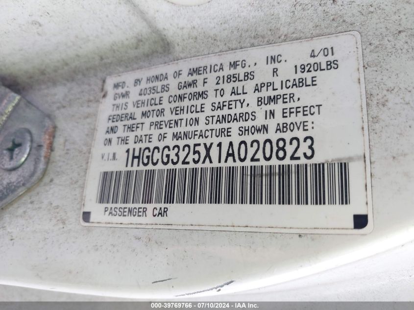 2001 Honda Accord 2.3 Ex VIN: 1HGCG325X1A020823 Lot: 39769766