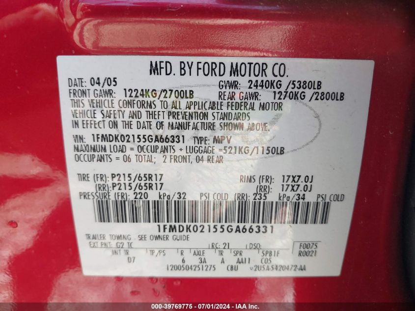 2005 Ford Freestyle Sel VIN: 1FMDK02155GA66331 Lot: 39769775