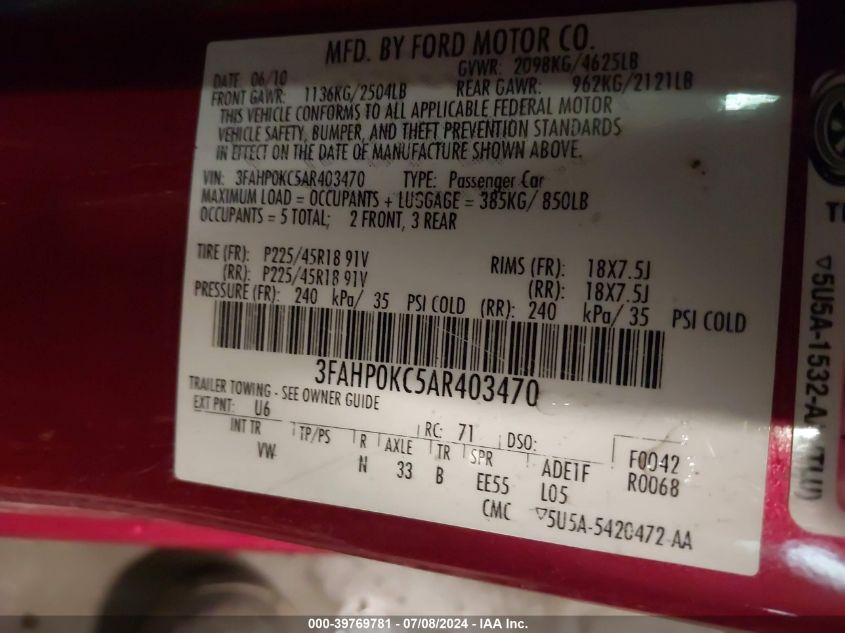 2010 Ford Fusion VIN: 3FAHP0KC5AR403470 Lot: 41611876