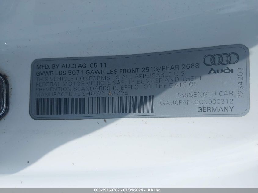 WAUCFAFH2CN000312 2012 Audi A5 2.0T Premium