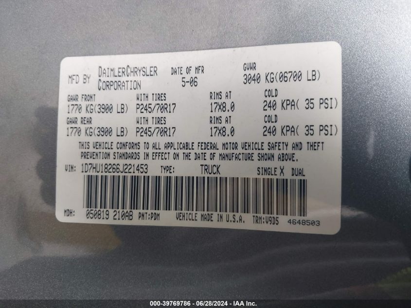 2006 Dodge Ram 1500 Slt/Trx4 Off Road/Sport VIN: 1D7HU18266J221453 Lot: 39769786