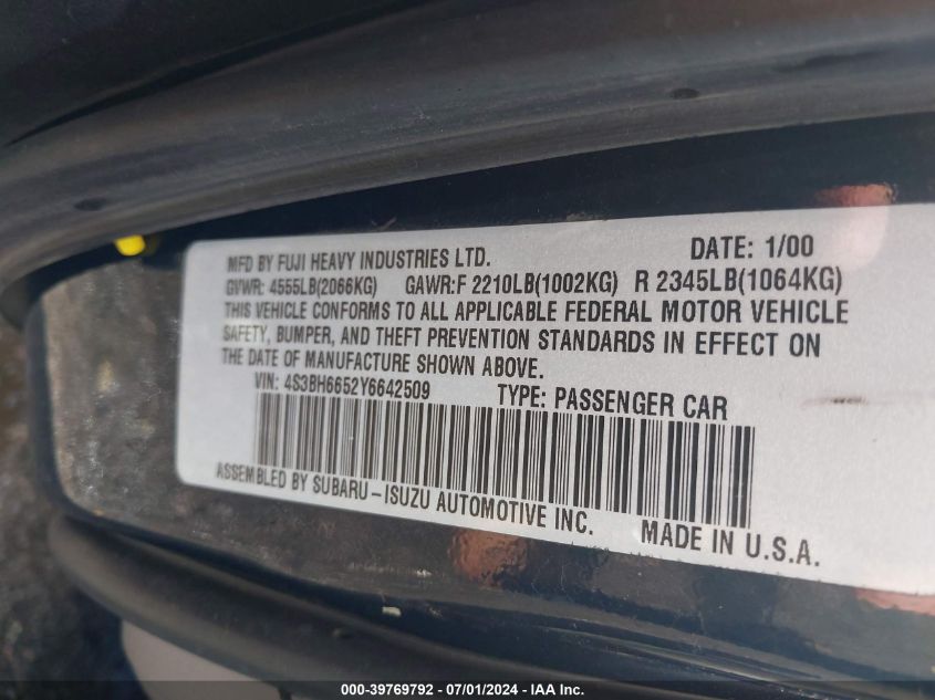 2000 Subaru Outback VIN: 4S3BH6652Y6642509 Lot: 39769792