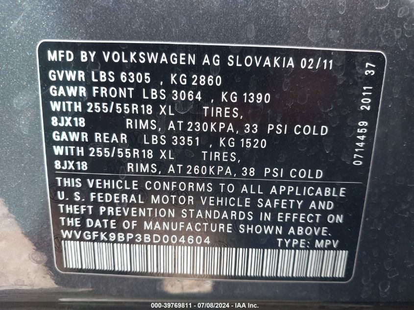 2011 Volkswagen Touareg V6 Tdi VIN: WVGFK9BP3BD004604 Lot: 39769811